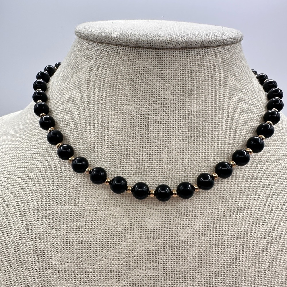 Vintage 90s Monet Black Glass Bead Choker Necklace Gold Tone Spacer Boho Jewelry